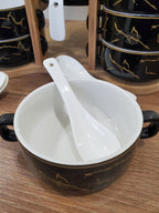 15-Piece Black Ceramic Soup Bowl Set with Wooden Stand