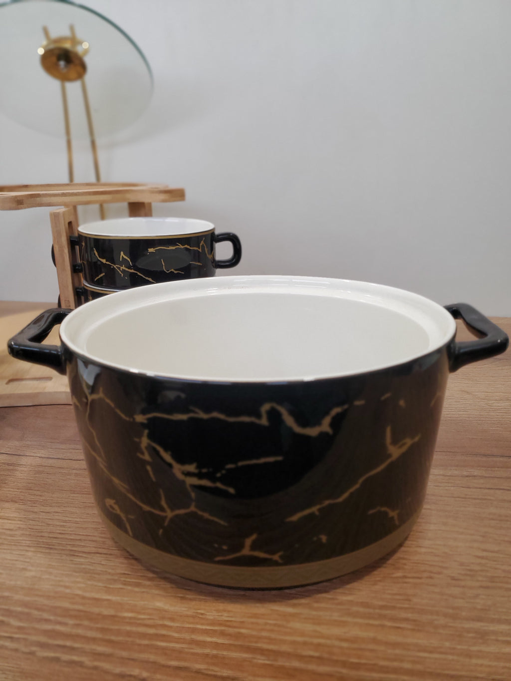 15-Piece Black Ceramic Soup Bowl Set with Wooden Stand