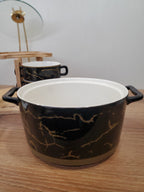 15-Piece Black Ceramic Soup Bowl Set with Wooden Stand
