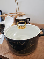 15-Piece Black Ceramic Soup Bowl Set with Wooden Stand