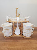 15-Piece White Ceramic Soup Bowl Set with Wooden Stand
