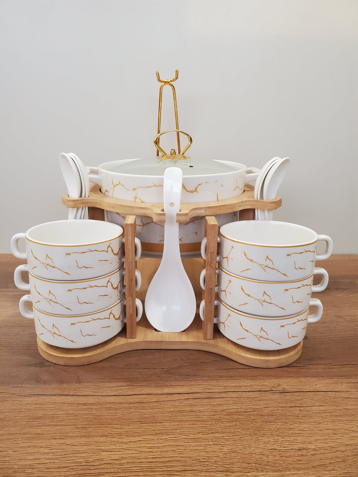 15-Piece White Ceramic Soup Bowl Set with Wooden Stand