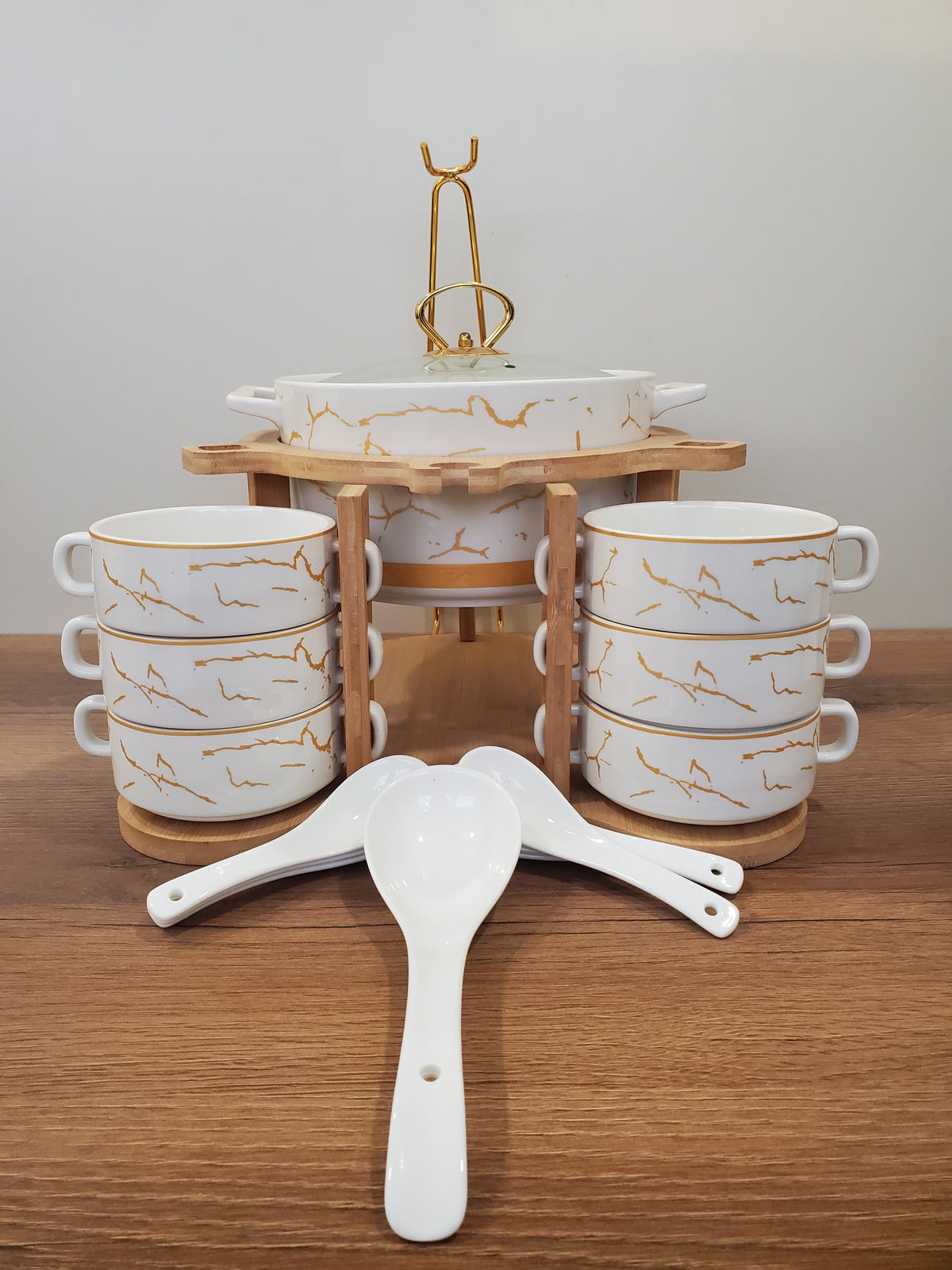 15-Piece White Ceramic Soup Bowl Set with Wooden Stand