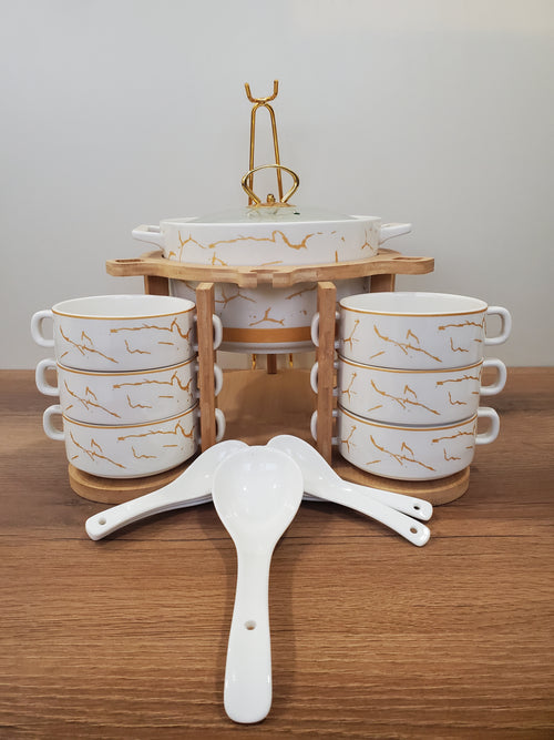 15-Piece White Ceramic Soup Bowl Set with Wooden Stand