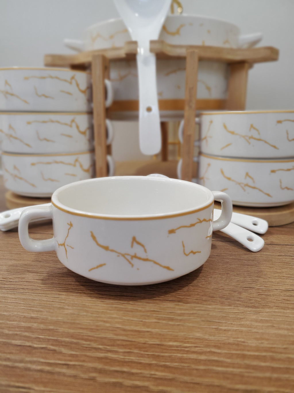 15-Piece White Ceramic Soup Bowl Set with Wooden Stand