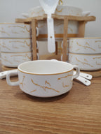 15-Piece White Ceramic Soup Bowl Set with Wooden Stand