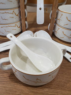 15-Piece White Ceramic Soup Bowl Set with Wooden Stand