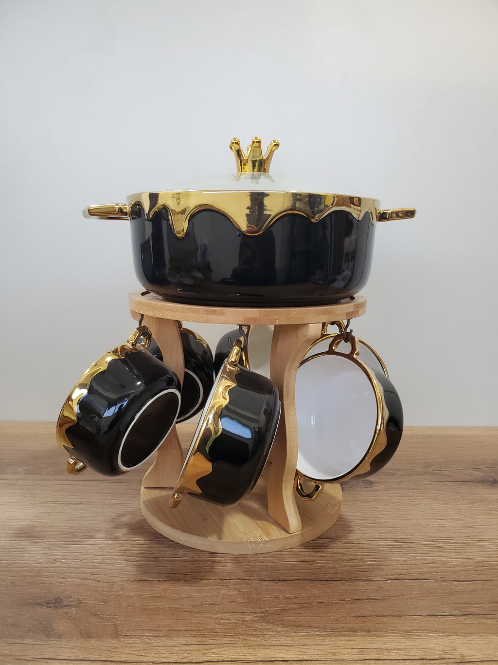 7-Piece Black Ceramic Soup Bowl Set with Wooden Stand