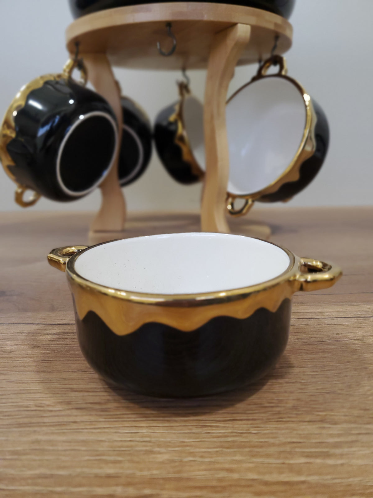 7-Piece Black Ceramic Soup Bowl Set with Wooden Stand