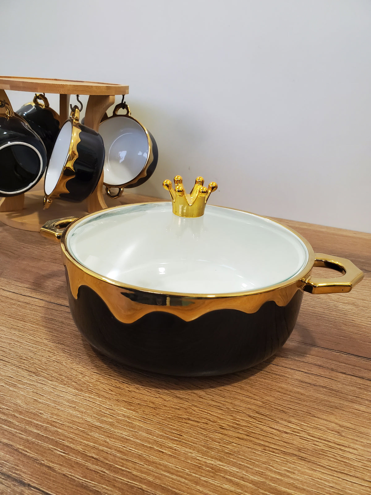 7-Piece Black Ceramic Soup Bowl Set with Wooden Stand