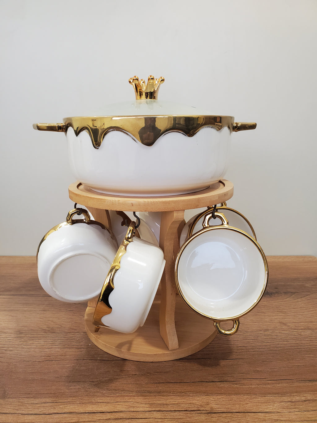 7-Piece White Ceramic Soup Bowl Set with Wooden Stand