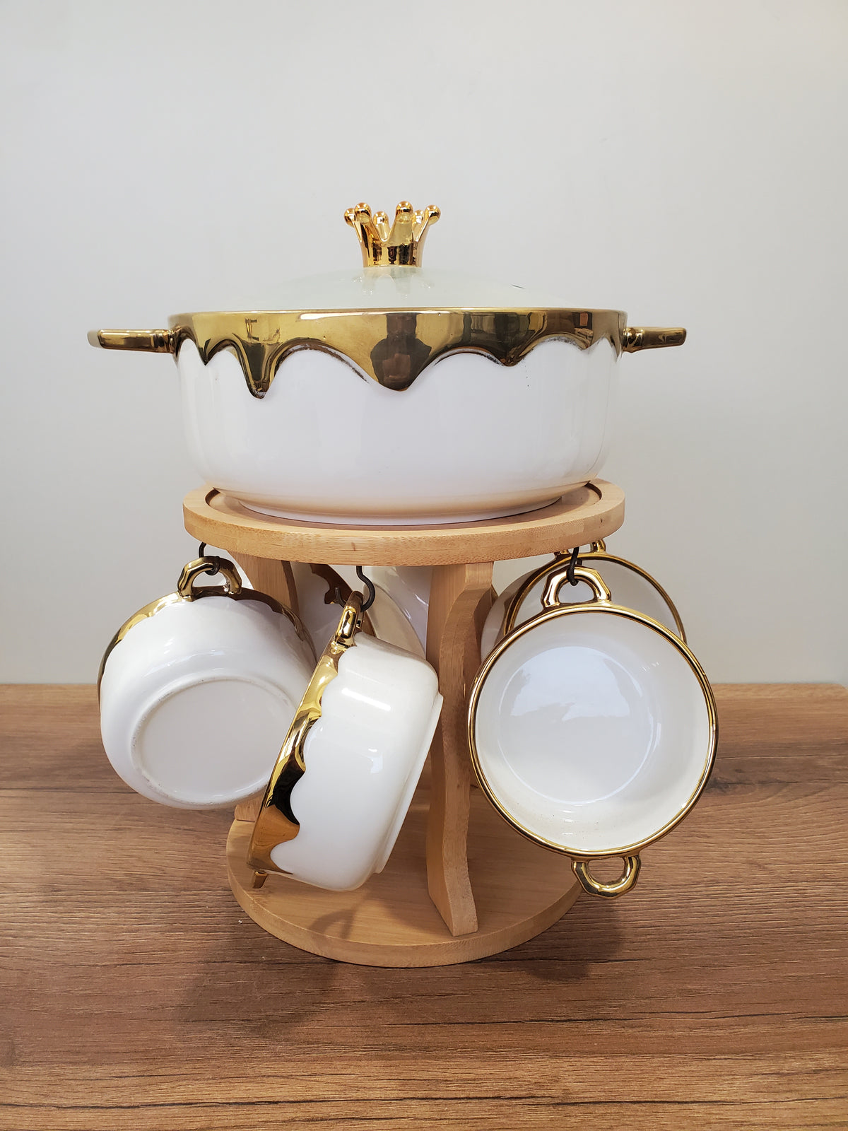 7-Piece White Ceramic Soup Bowl Set with Wooden Stand