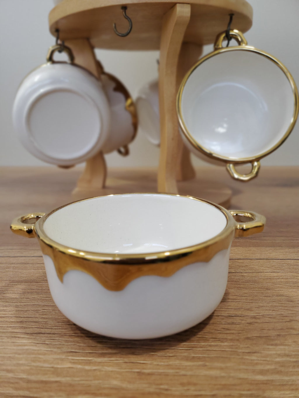 7-Piece White Ceramic Soup Bowl Set with Wooden Stand