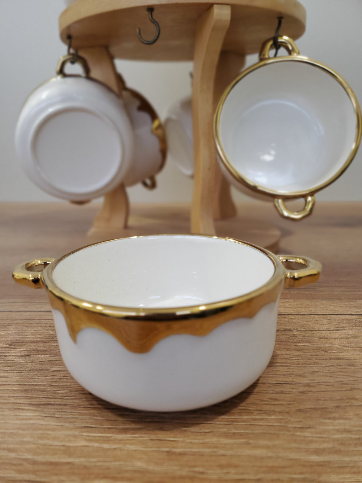 7-Piece White Ceramic Soup Bowl Set with Wooden Stand