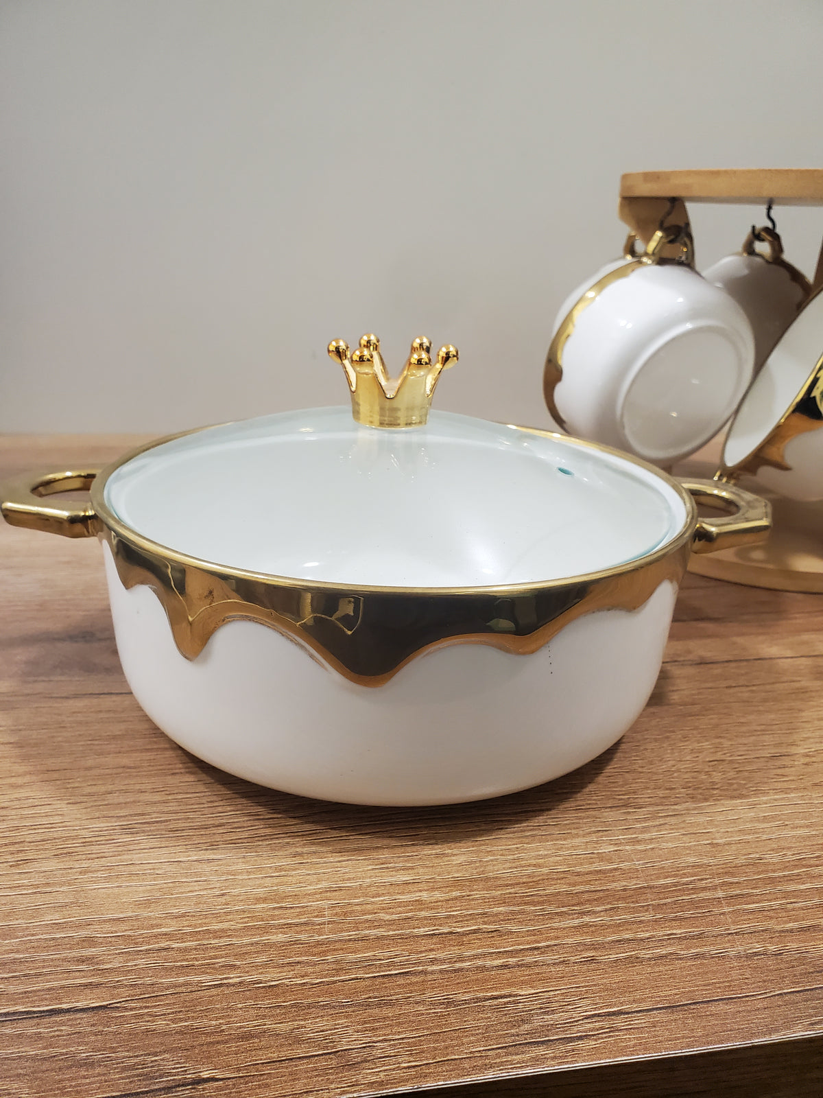7-Piece White Ceramic Soup Bowl Set with Wooden Stand