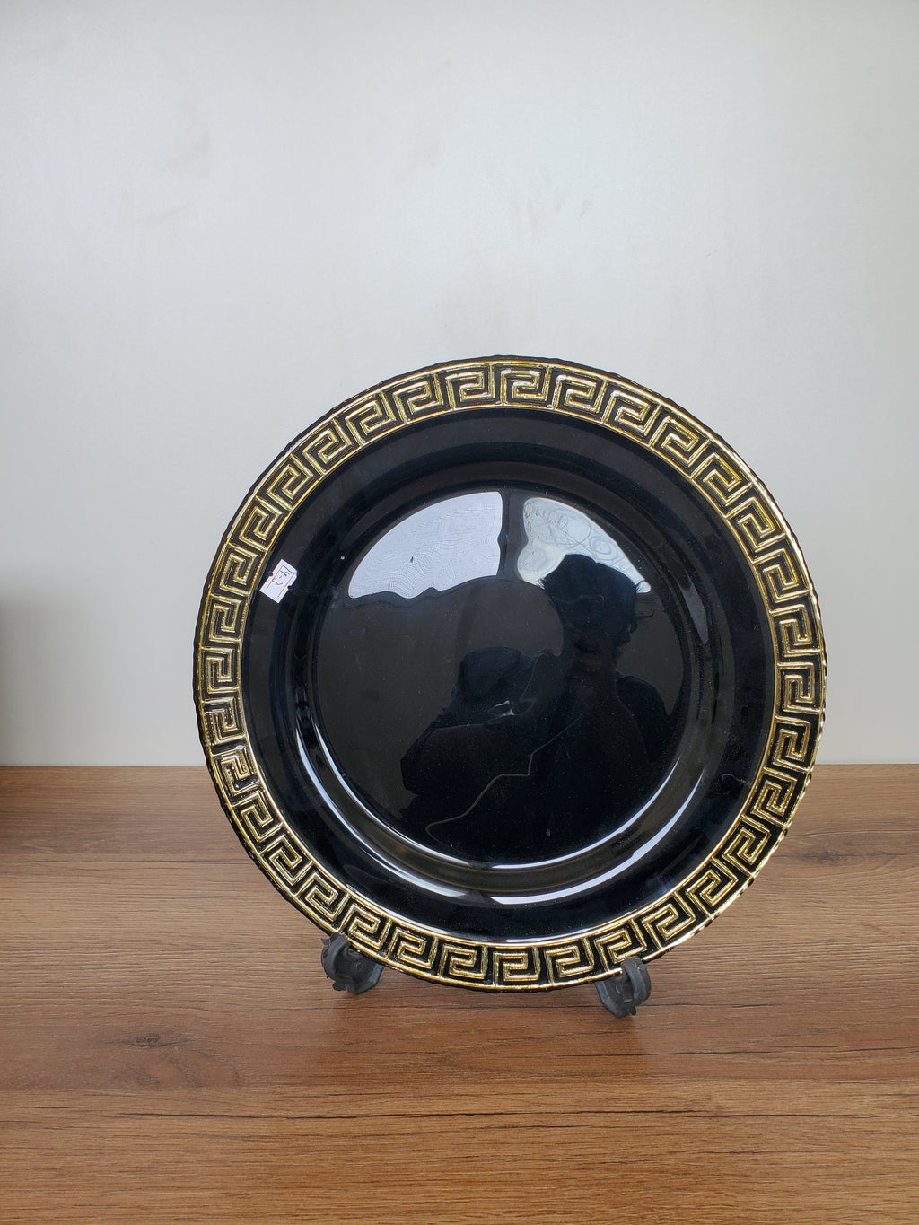 Decorative Black Glass Platter with Gold Greek Border (14-3)