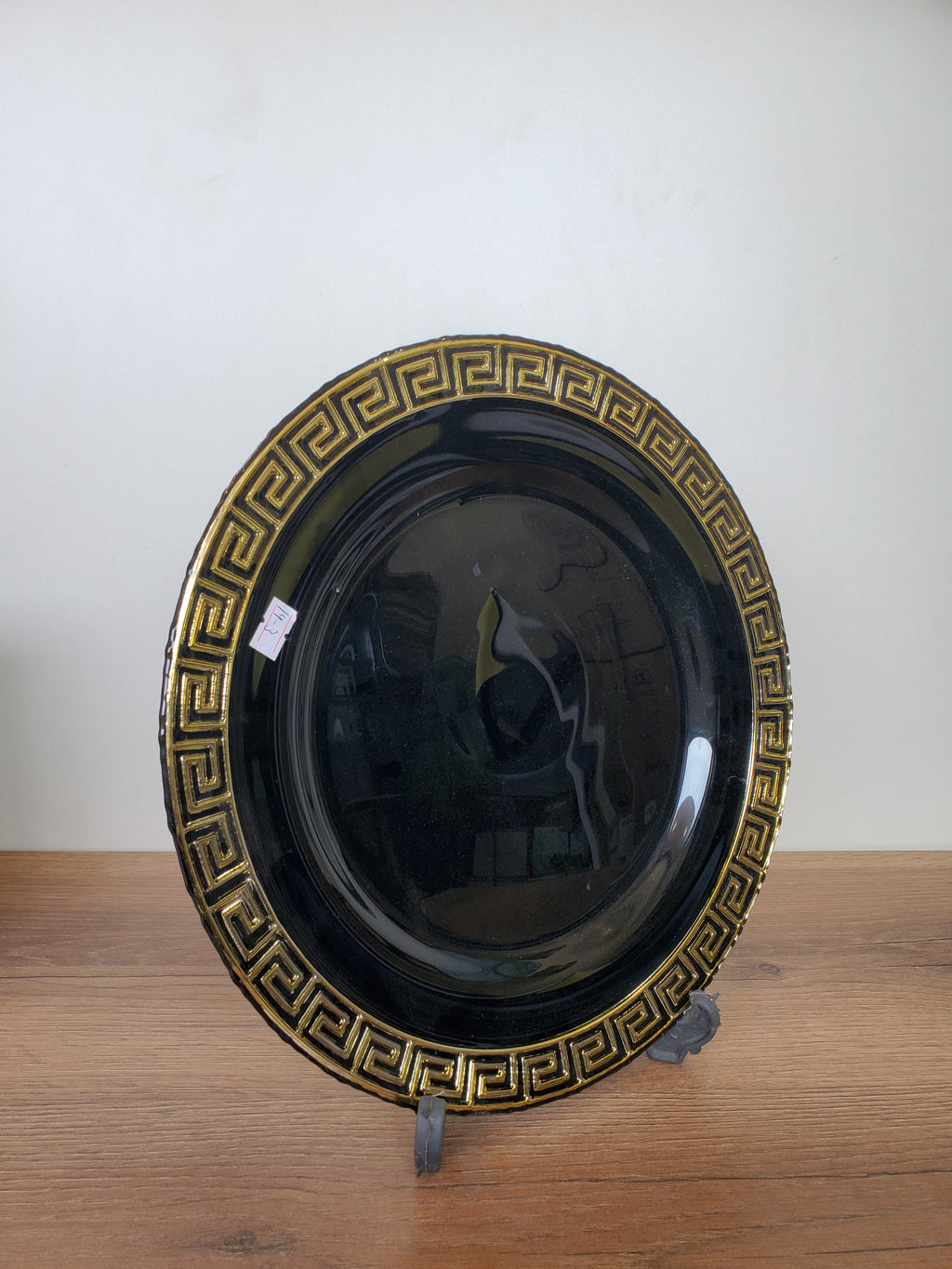 Decorative Black Glass Platter with Gold Greek Border (14-3)