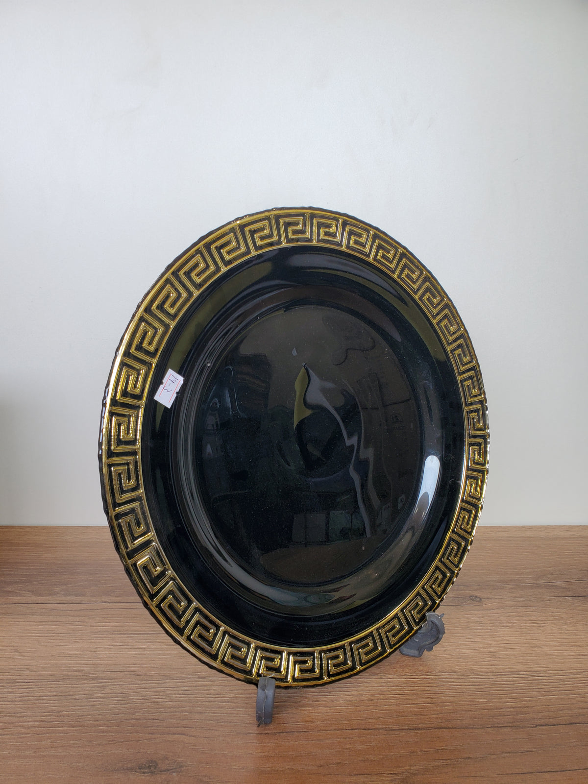 Decorative Black Glass Platter with Gold Greek Border (14-3)