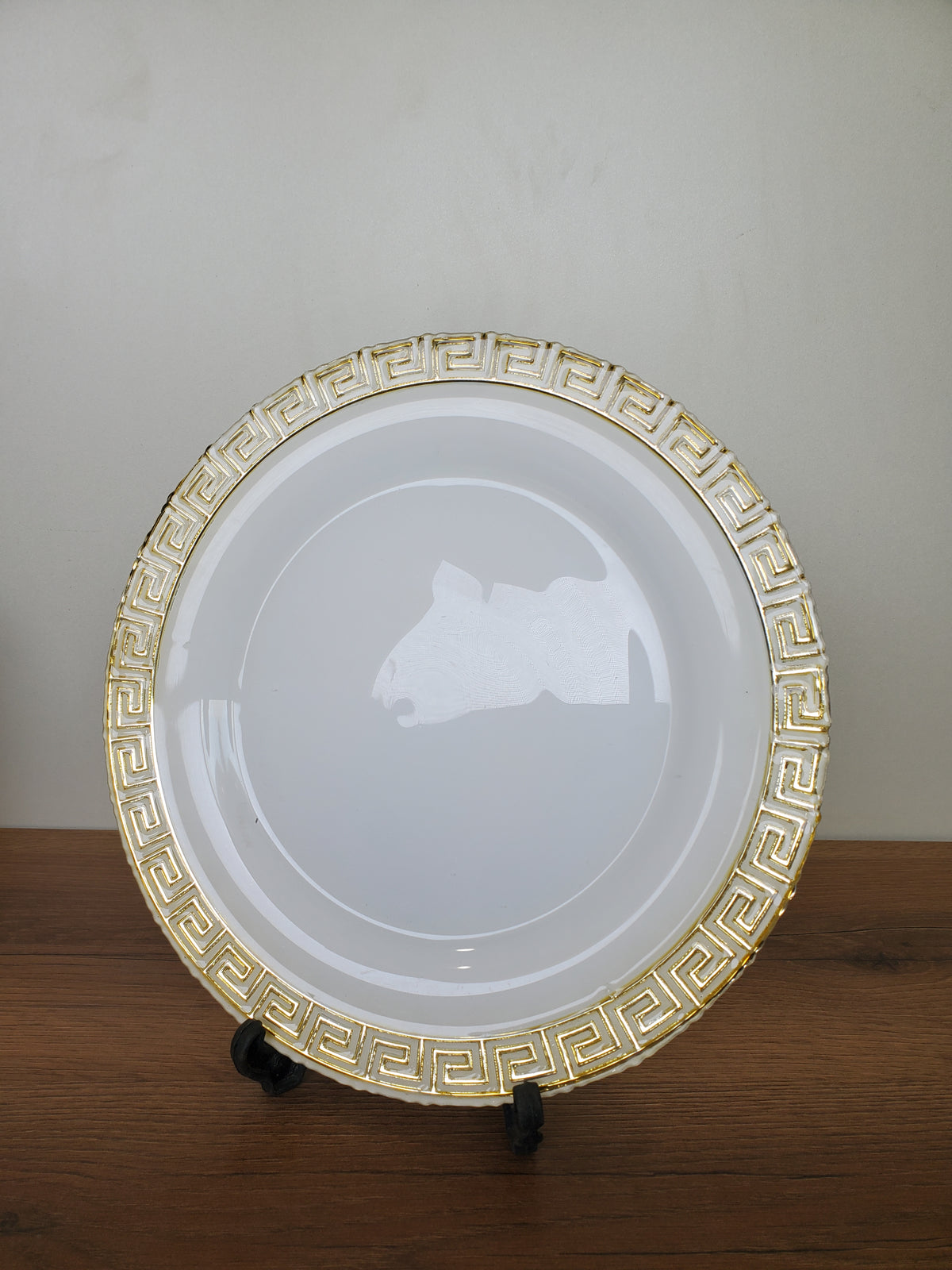 Decorative White Glass Platter with Gold Greek Border (14-2)