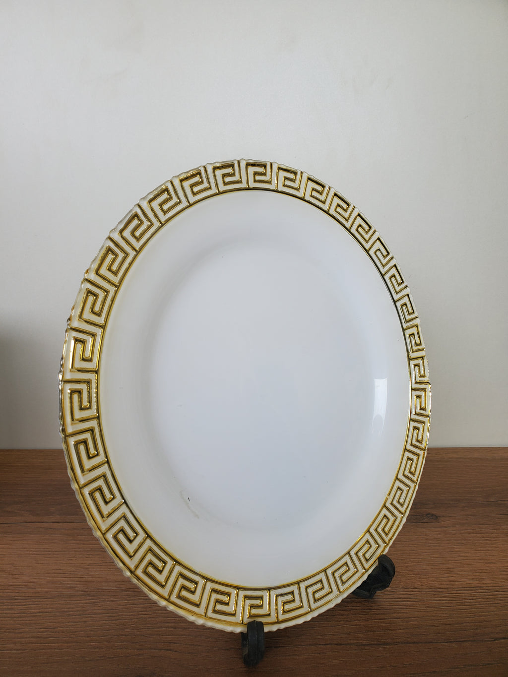 Decorative White Glass Platter with Gold Greek Border (14-2)