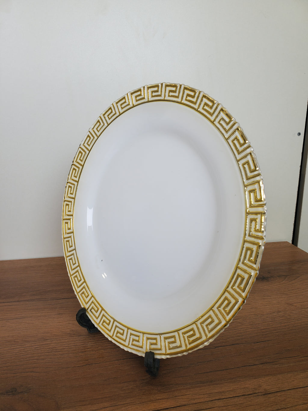 Decorative White Glass Platter with Gold Greek Border (14-2)