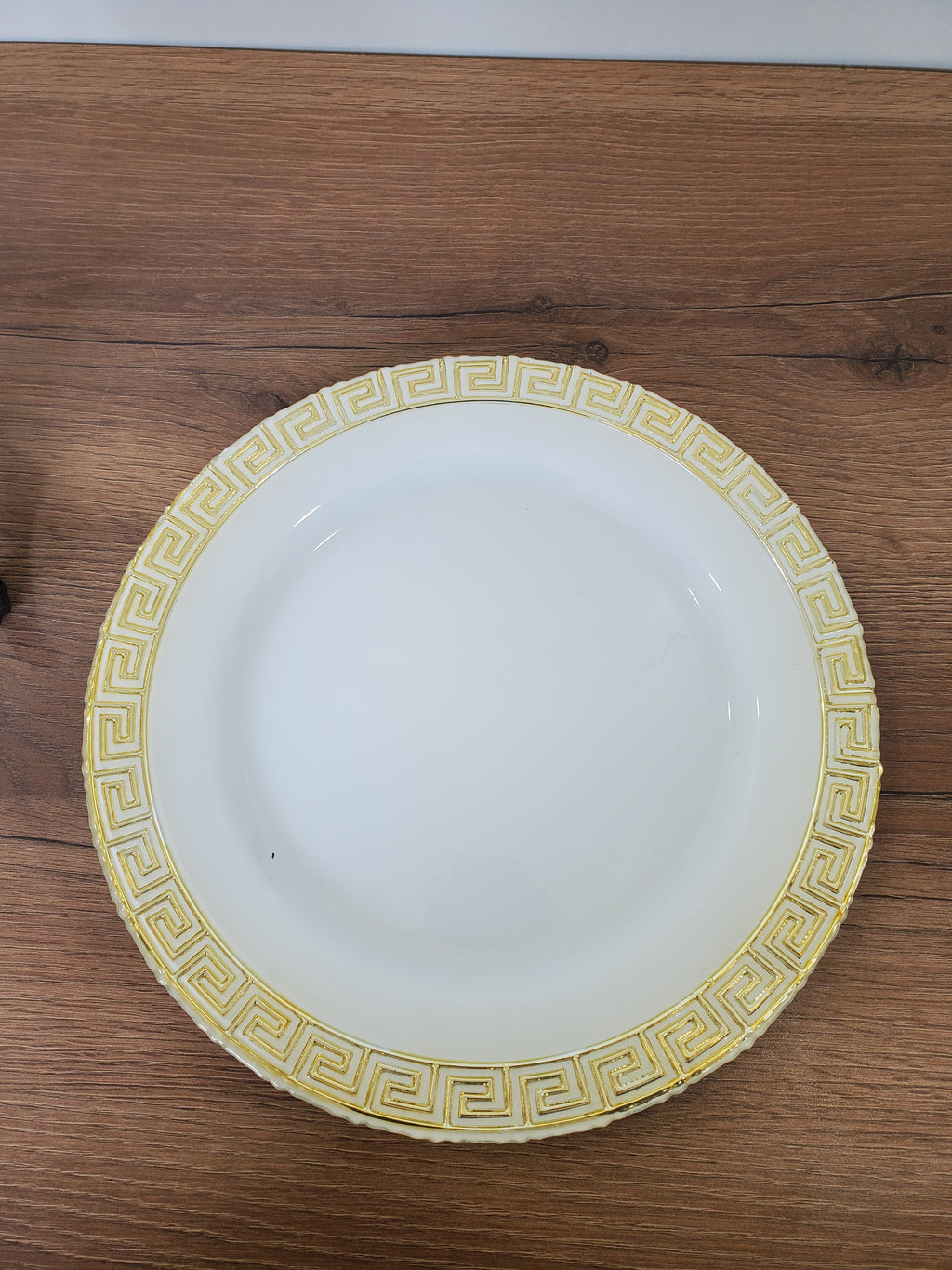 Decorative White Glass Platter with Gold Greek Border (14-2)