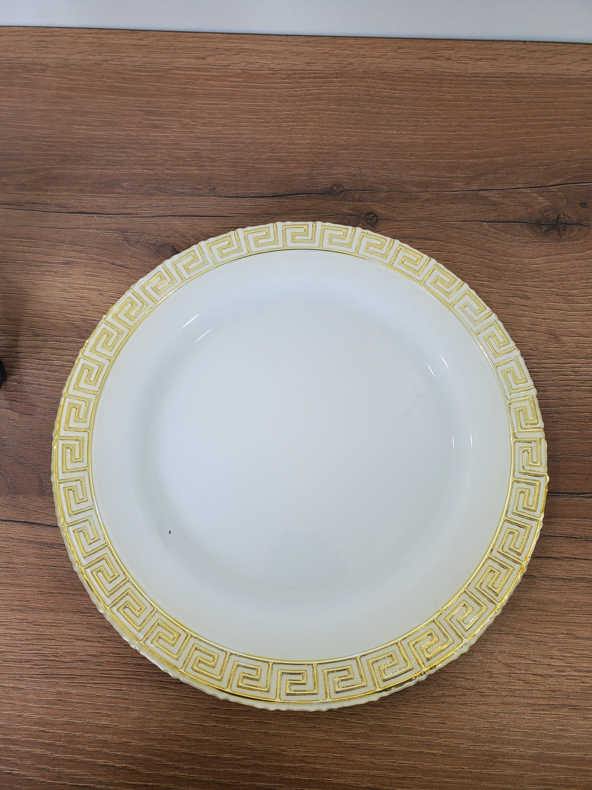 Decorative White Glass Platter with Gold Greek Border (14-2)