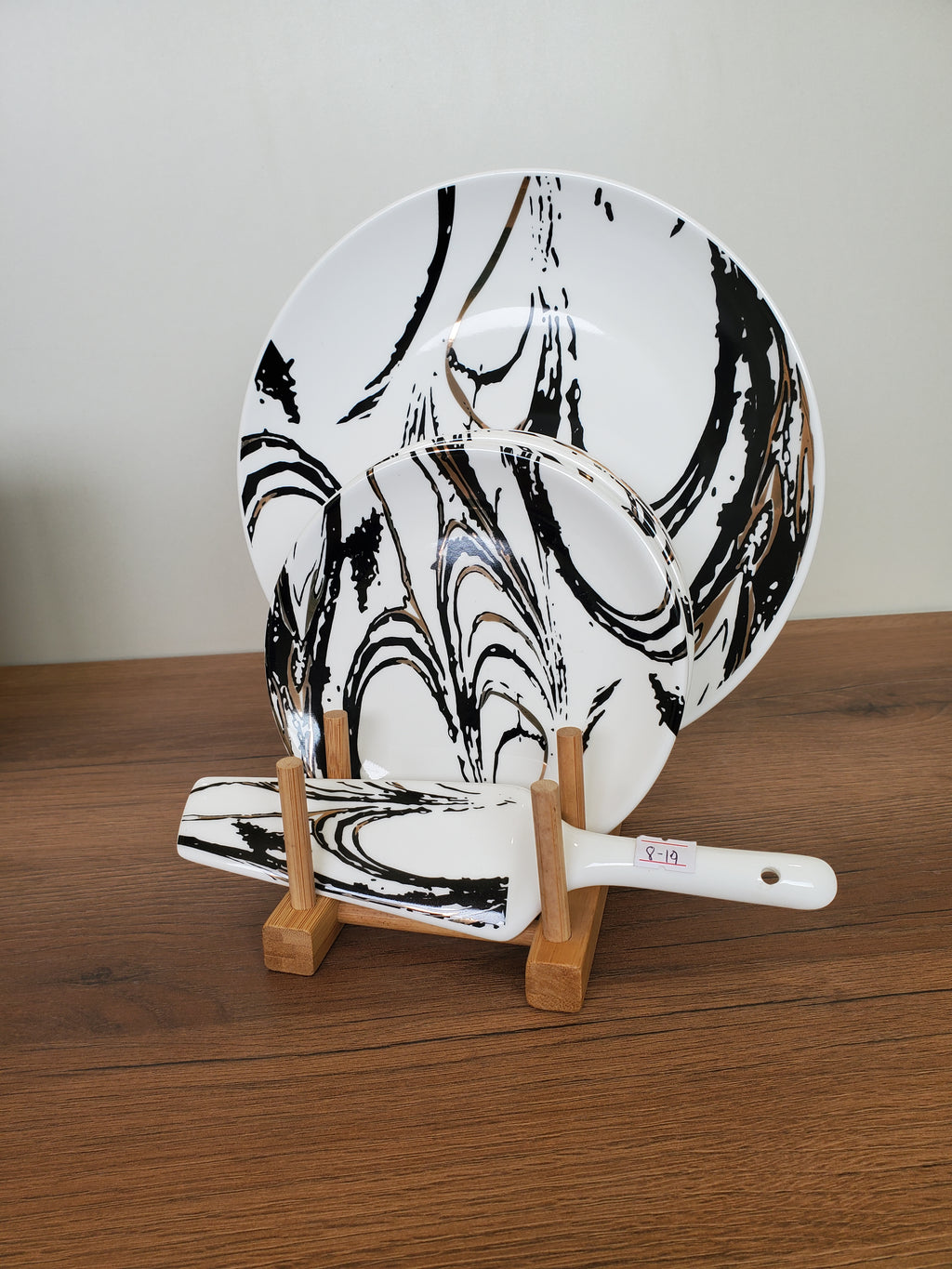 8-Piece Cake Serving Set Abstract Marble Design With Wooden Stand (8-19)
