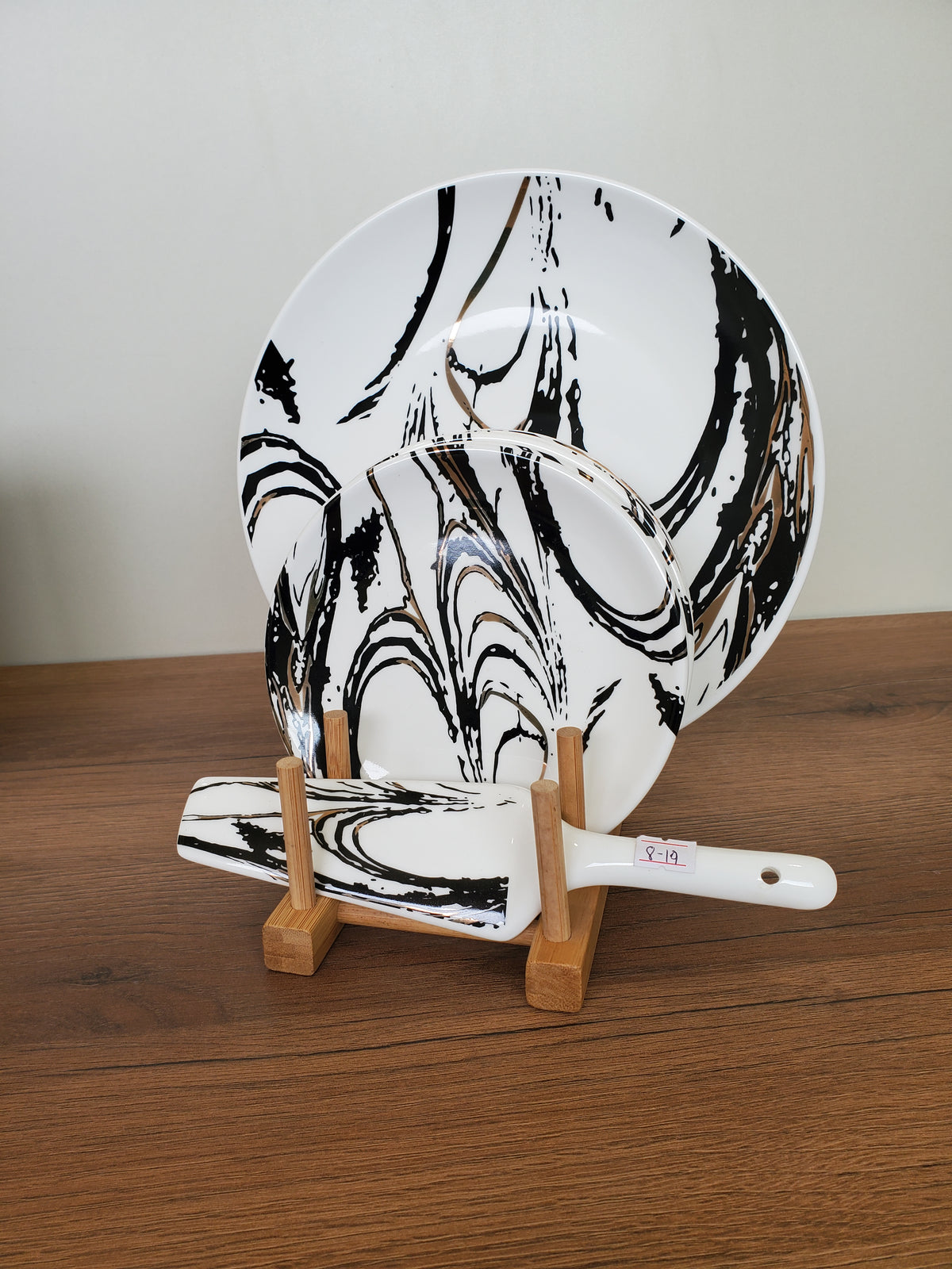 8-Piece Cake Serving Set Abstract Marble Design With Wooden Stand (8-19)