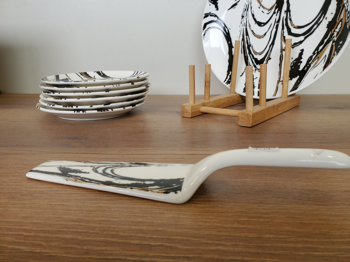 8-Piece Cake Serving Set Abstract Marble Design With Wooden Stand (8-19)
