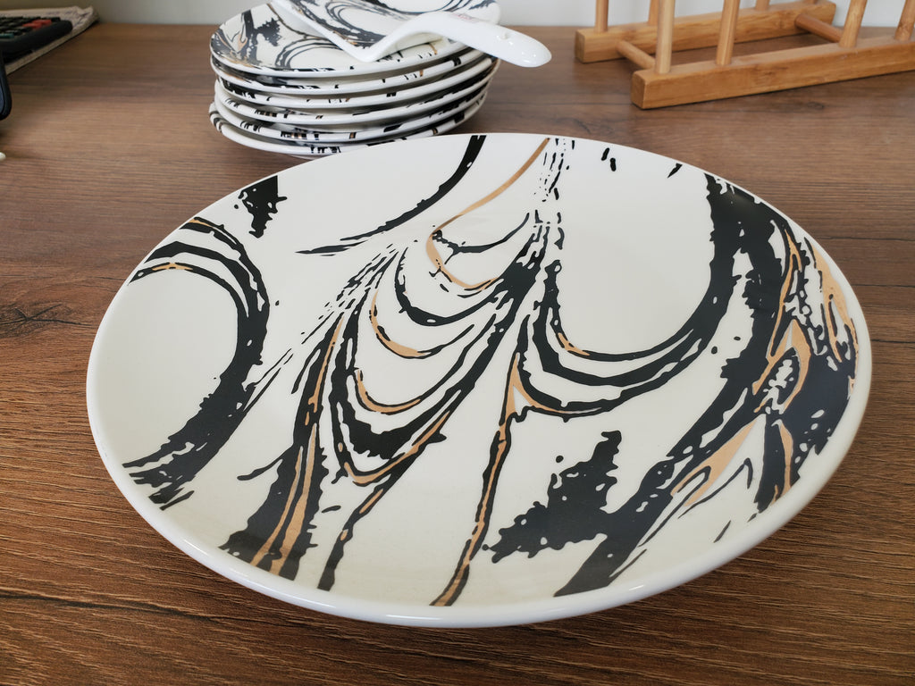 8-Piece Cake Serving Set Abstract Marble Design With Wooden Stand (8-19)
