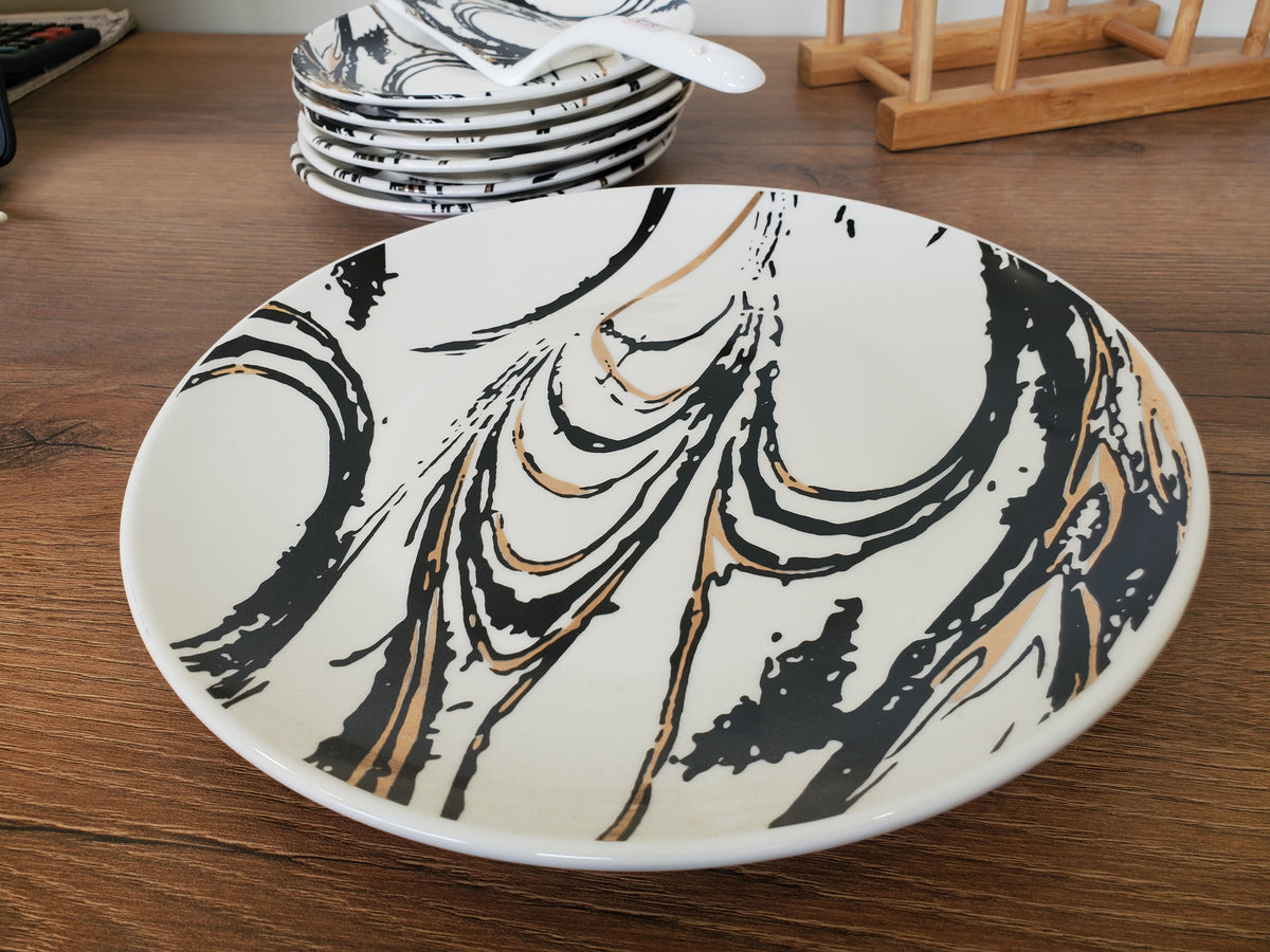 8-Piece Cake Serving Set Abstract Marble Design With Wooden Stand (8-19)