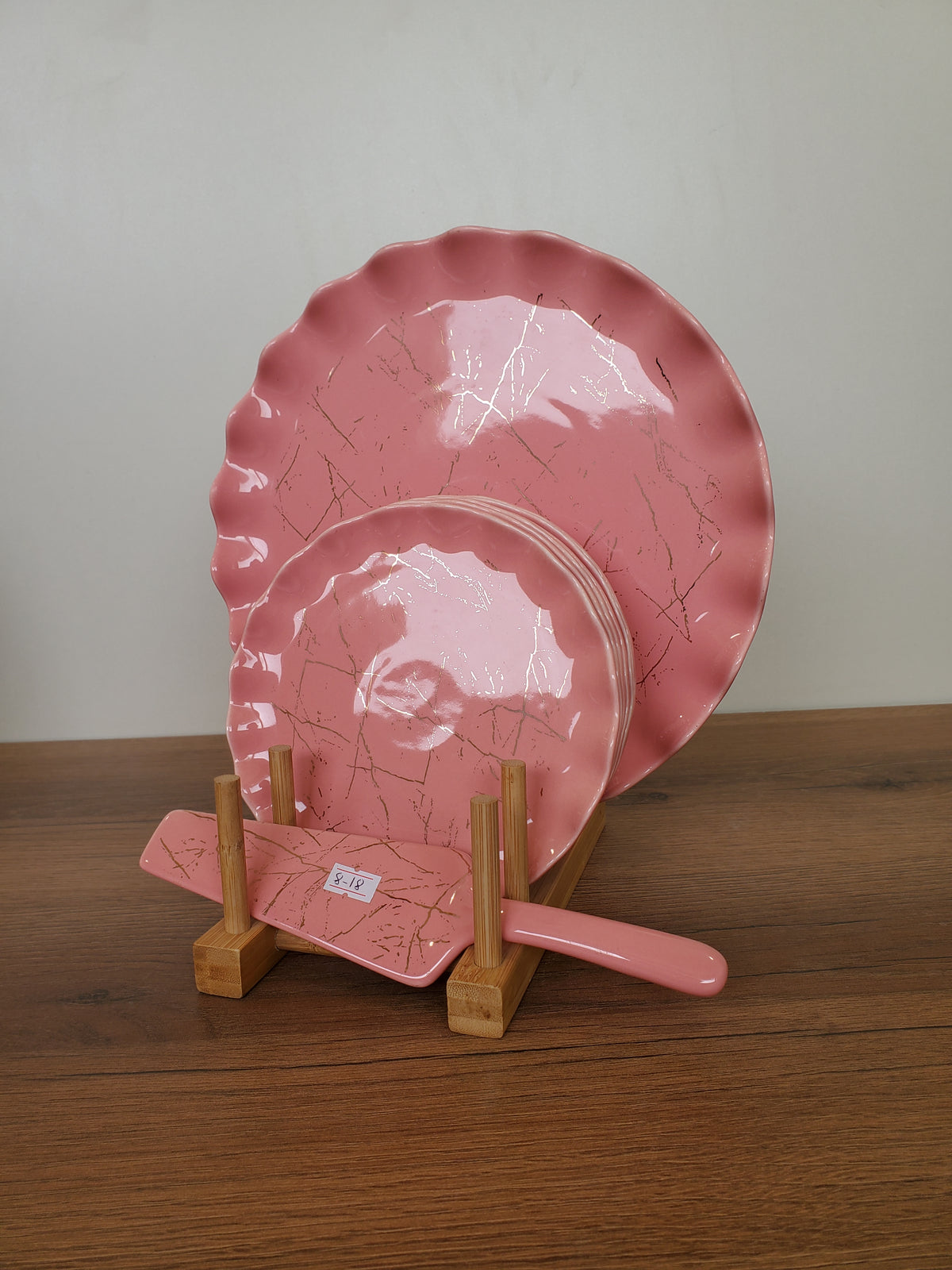 8-Piece Cake Serving Set Pink Marble Design With Wooden Stand (8-18)