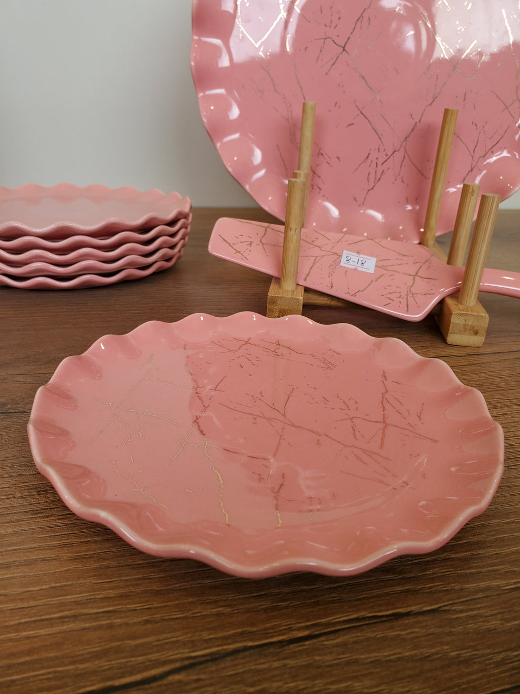 8-Piece Cake Serving Set Pink Marble Design With Wooden Stand (8-18)