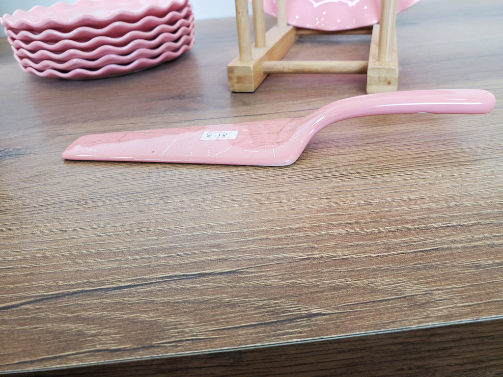 8-Piece Cake Serving Set Pink Marble Design With Wooden Stand (8-18)