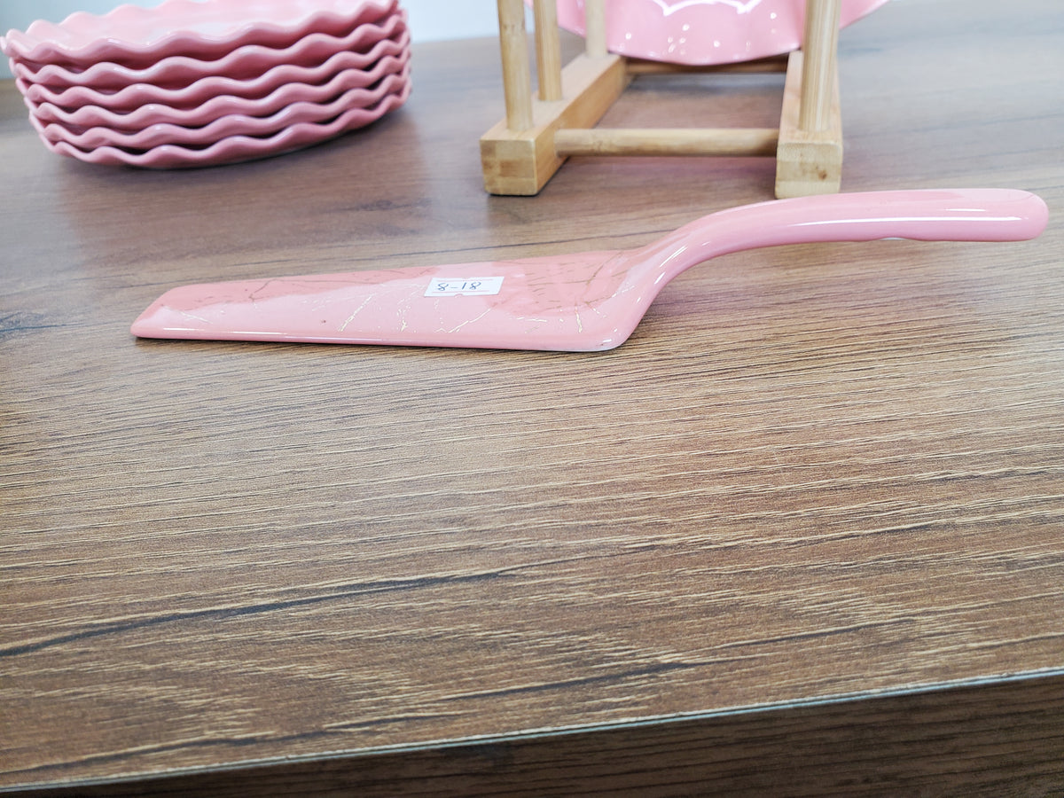 8-Piece Cake Serving Set Pink Marble Design With Wooden Stand (8-18)