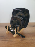 8-Piece Cake Serving Set Black Marble Design With Wooden Stand (8-23)