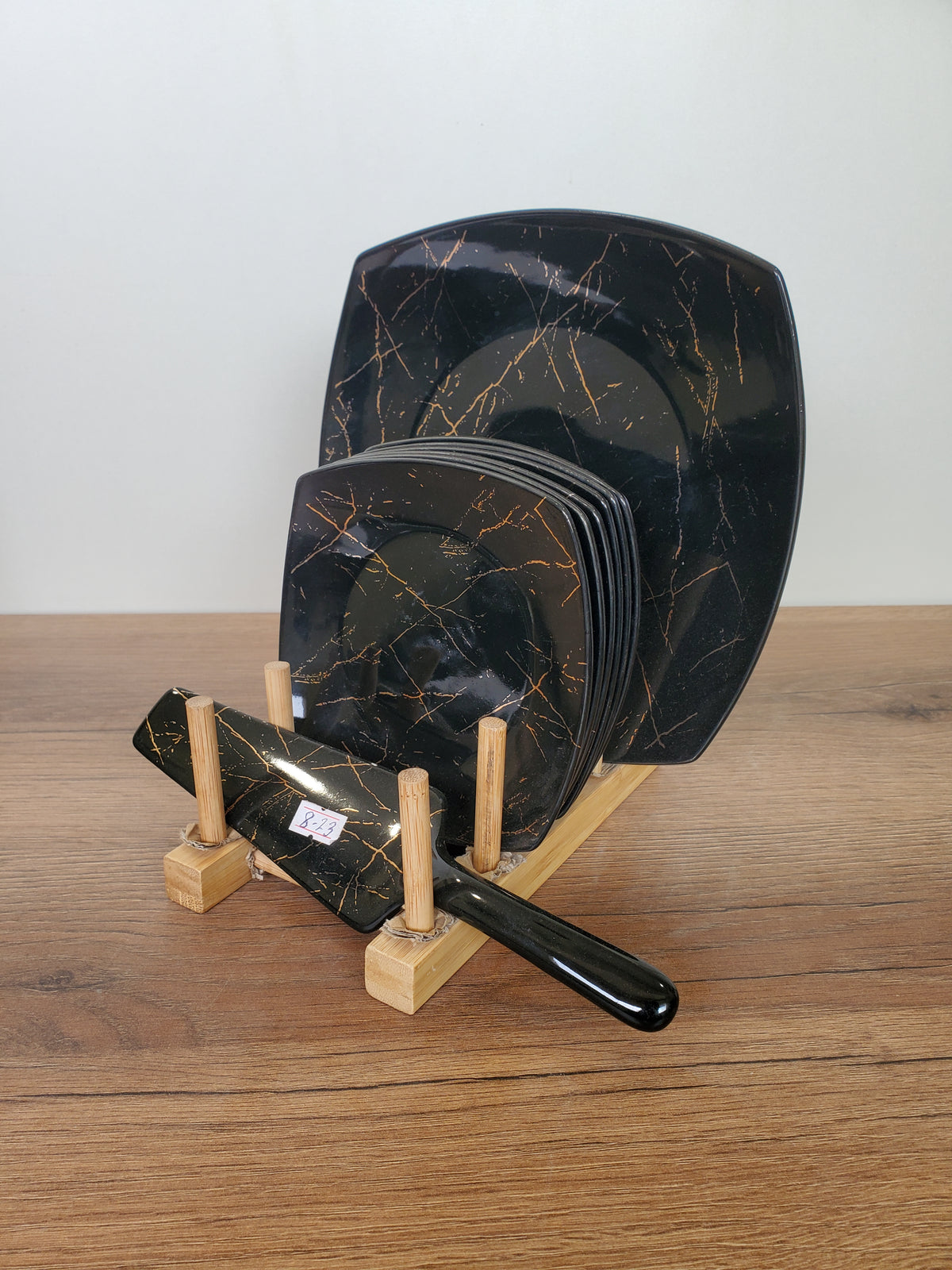 8-Piece Cake Serving Set Black Marble Design With Wooden Stand (8-23)