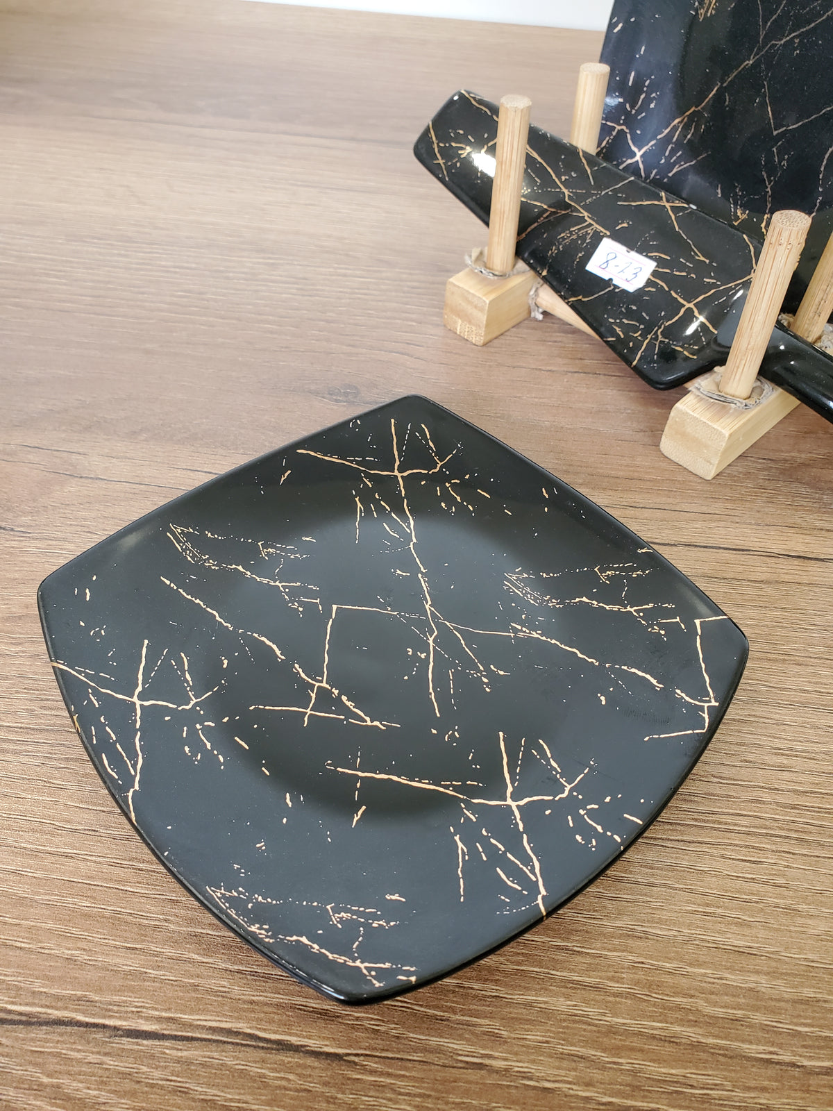 8-Piece Cake Serving Set Black Marble Design With Wooden Stand (8-23)