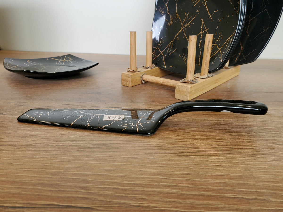 8-Piece Cake Serving Set Black Marble Design With Wooden Stand (8-23)