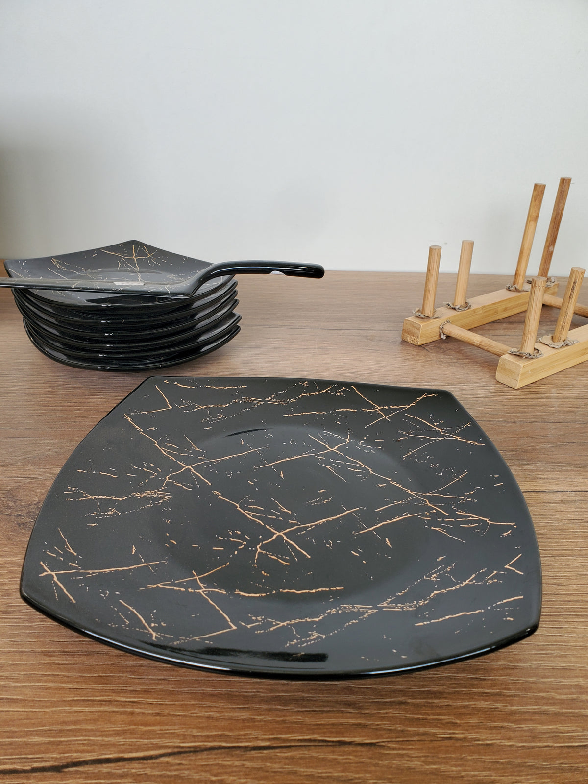 8-Piece Cake Serving Set Black Marble Design With Wooden Stand (8-23)