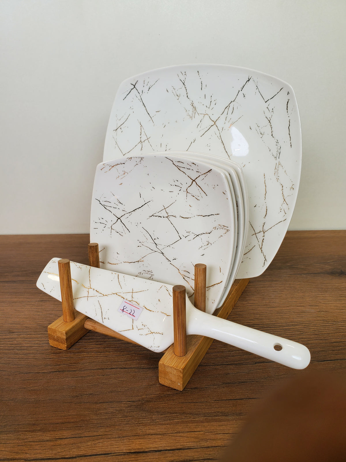 8-Piece Cake Serving Set White Marble Design With Wooden Stand (8-22)