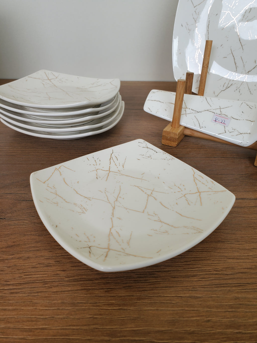 8-Piece Cake Serving Set White Marble Design With Wooden Stand (8-22)