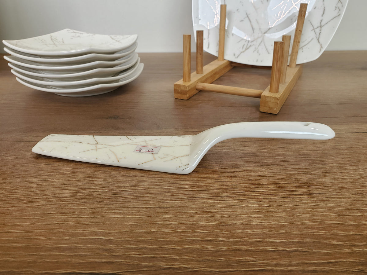 8-Piece Cake Serving Set White Marble Design With Wooden Stand (8-22)