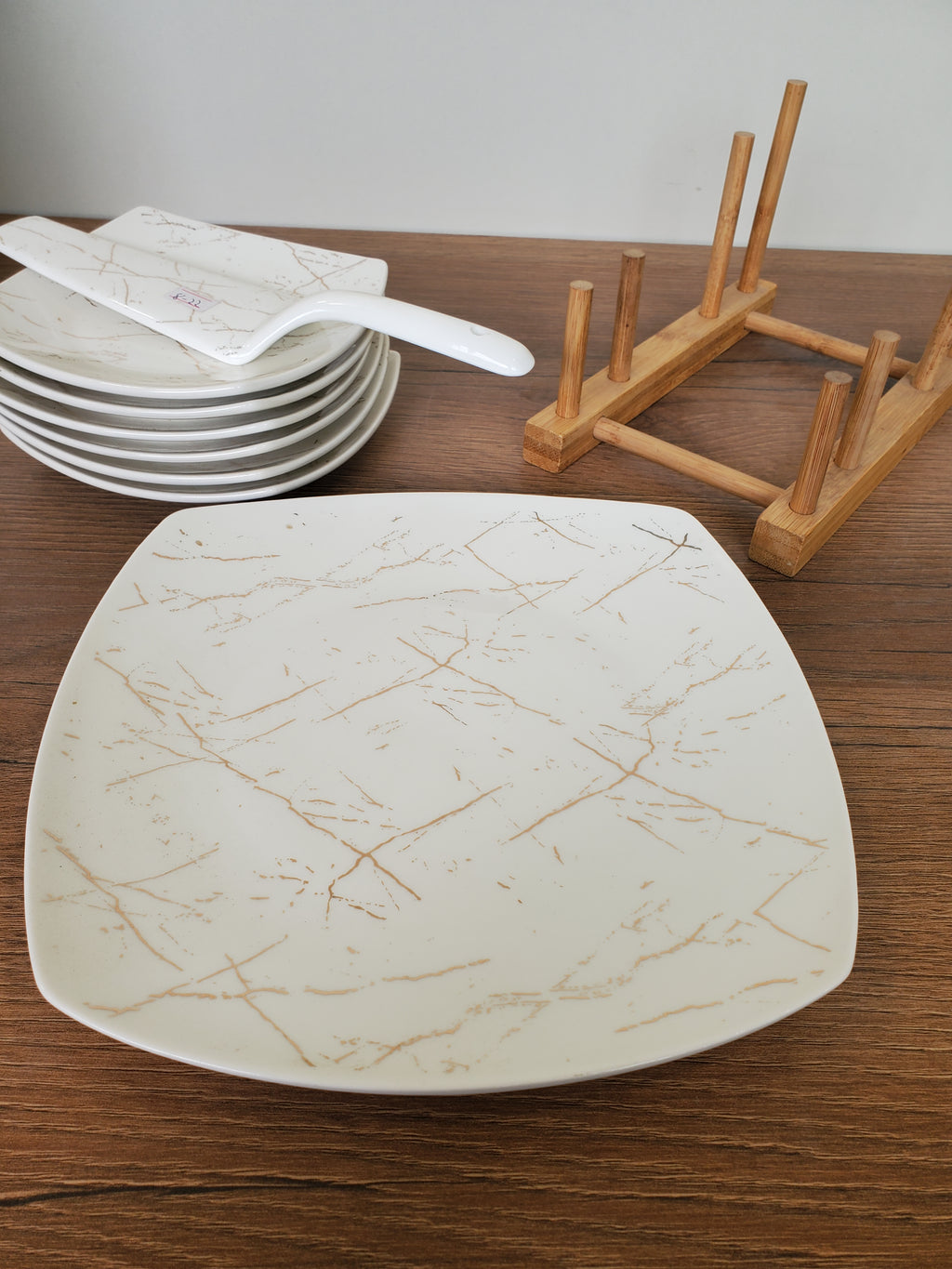 8-Piece Cake Serving Set White Marble Design With Wooden Stand (8-22)
