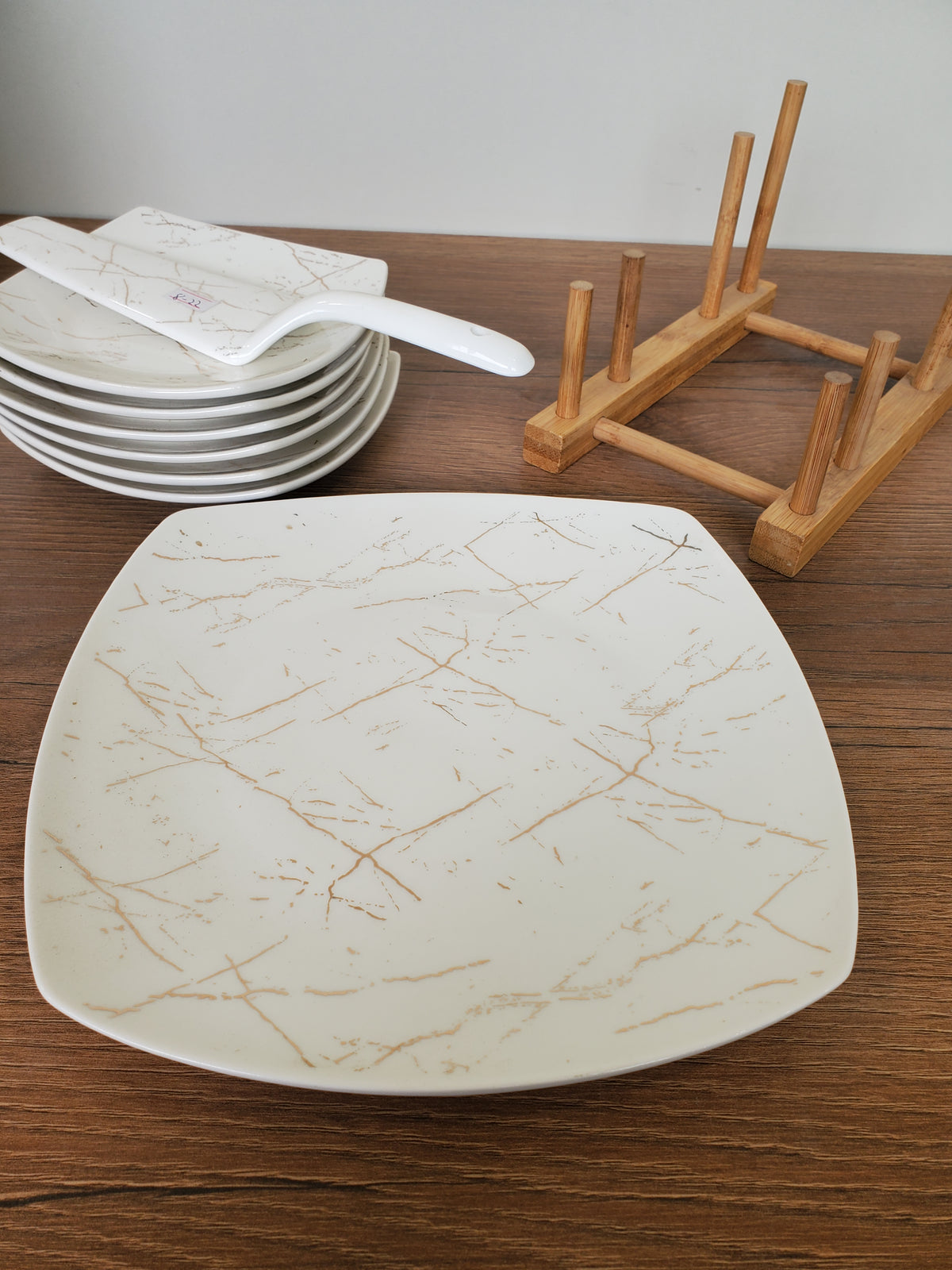 8-Piece Cake Serving Set White Marble Design With Wooden Stand (8-22)