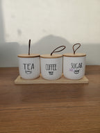 3-Piece Ceramic Tea, Coffee & Sugar Jar Set with Wooden Tray (5-1)