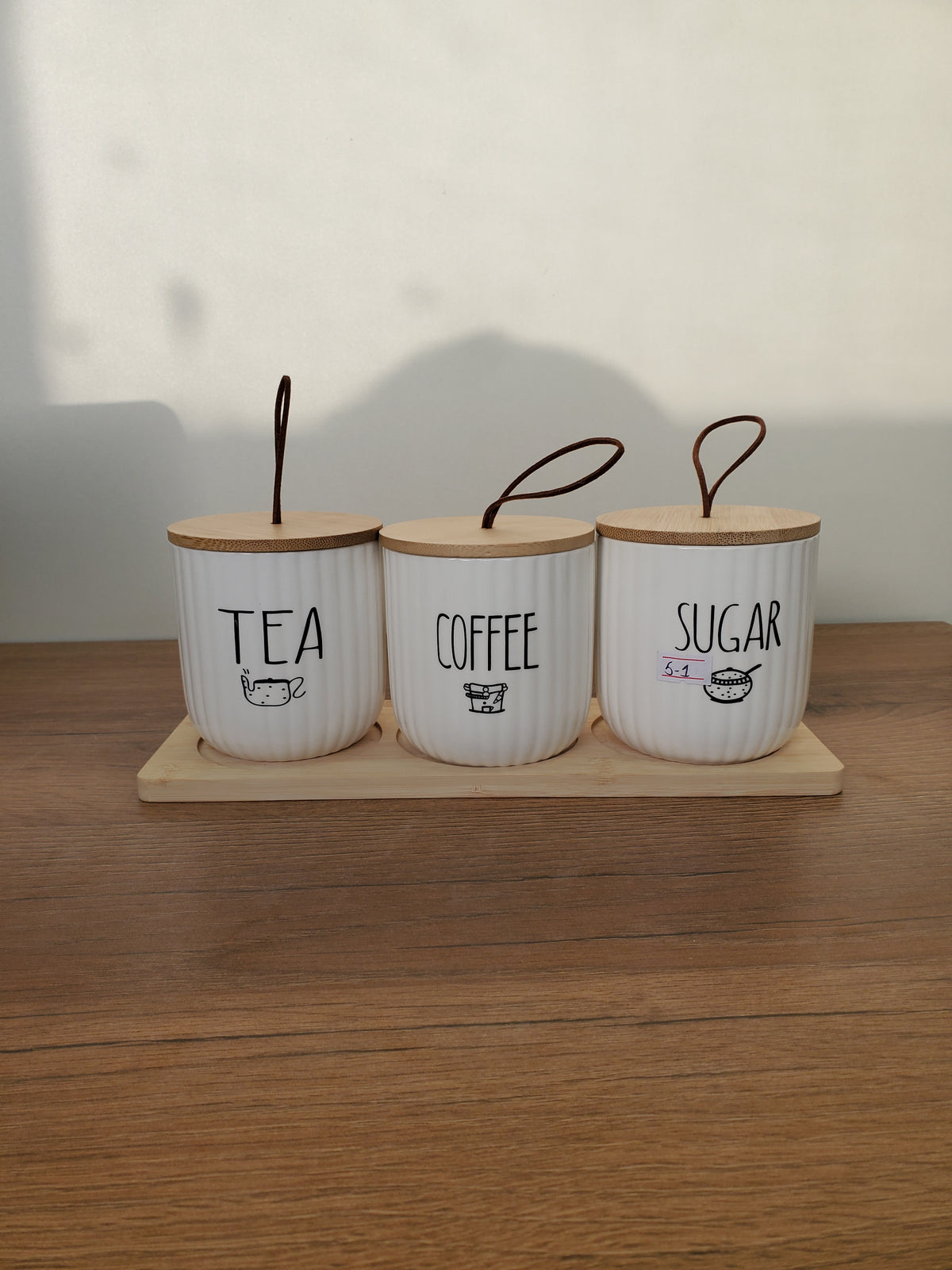 3-Piece Ceramic Tea, Coffee & Sugar Jar Set with Wooden Tray (5-1)