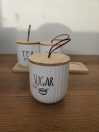 3-Piece Ceramic Tea, Coffee & Sugar Jar Set with Wooden Tray (5-1)