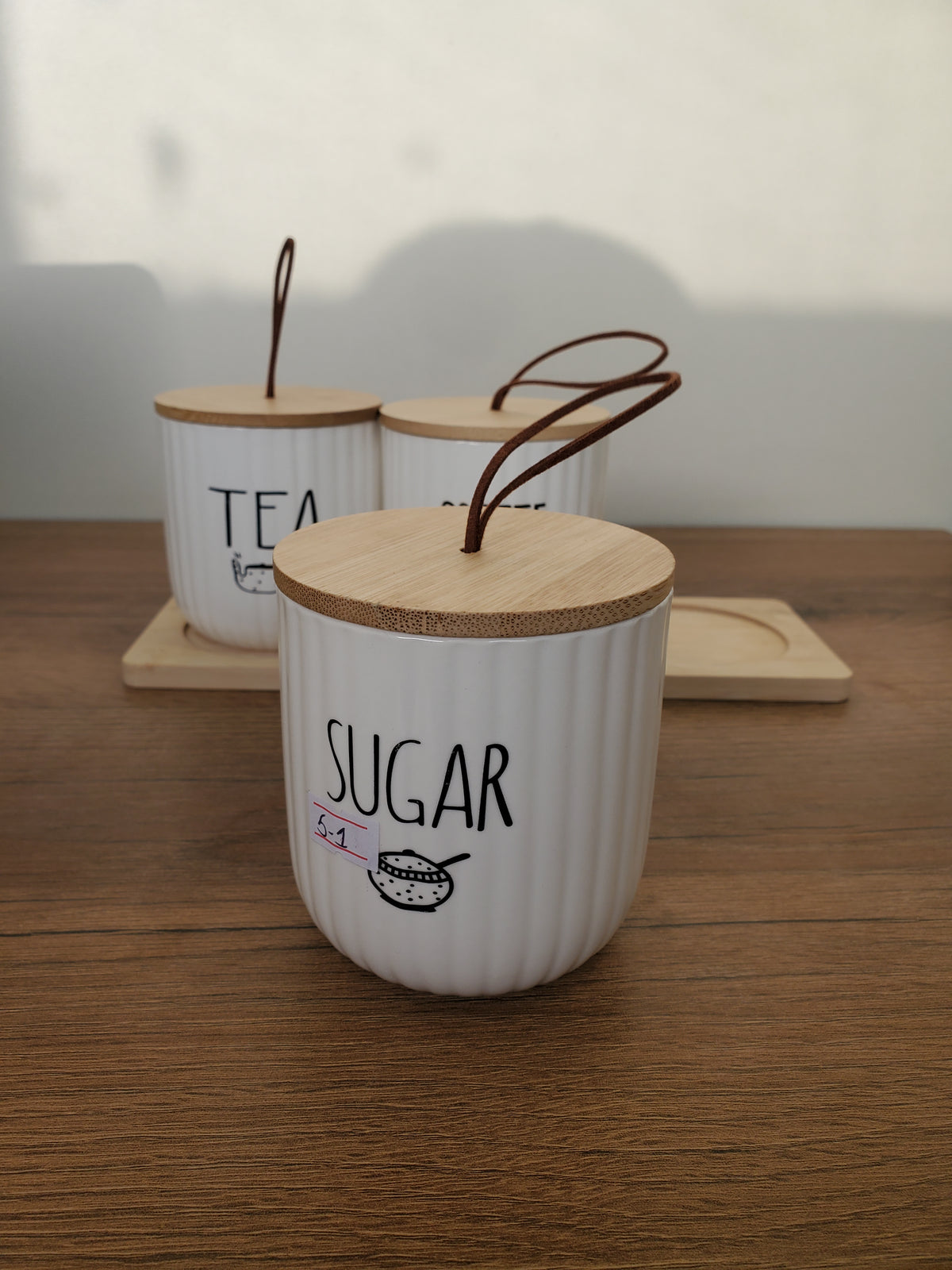 3-Piece Ceramic Tea, Coffee & Sugar Jar Set with Wooden Tray (5-1)